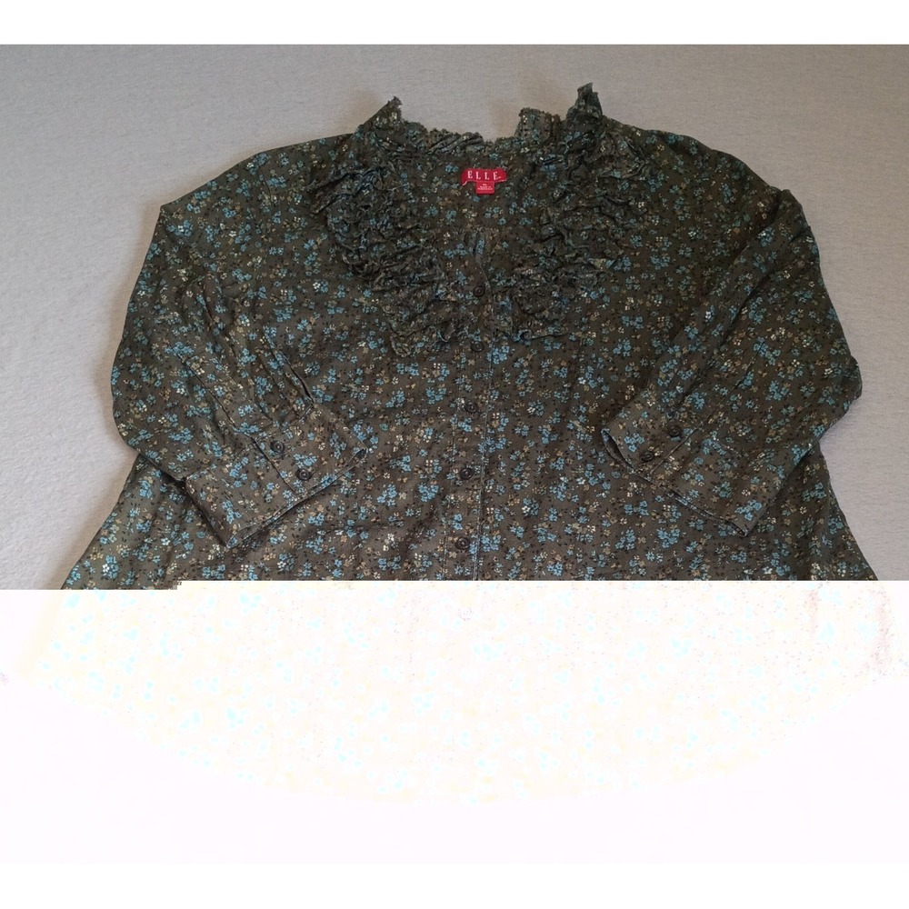 ELLE Women's Floral Cottage Button Down Shirt Ruffle V Neck 3/4 Sleeve Olive XL